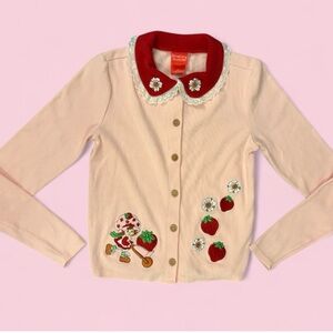 Strawberry Shortcake Portrait Collared Cardigan Medium Pink Strawberry Sweater